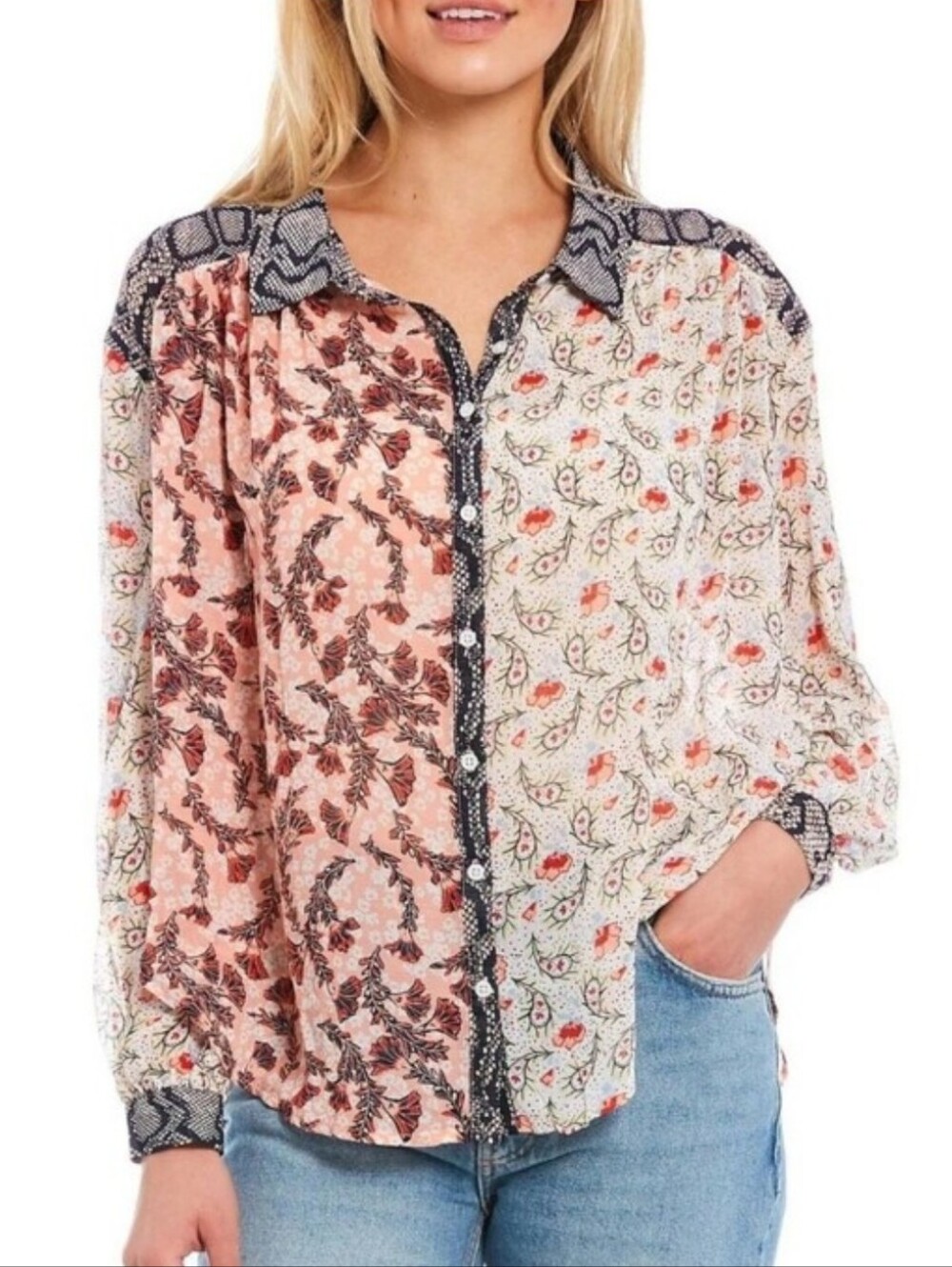 FREE PEOPLE Women's Dani Button Down Artsy Boho-Chic Patchwork 70s Retro Floral